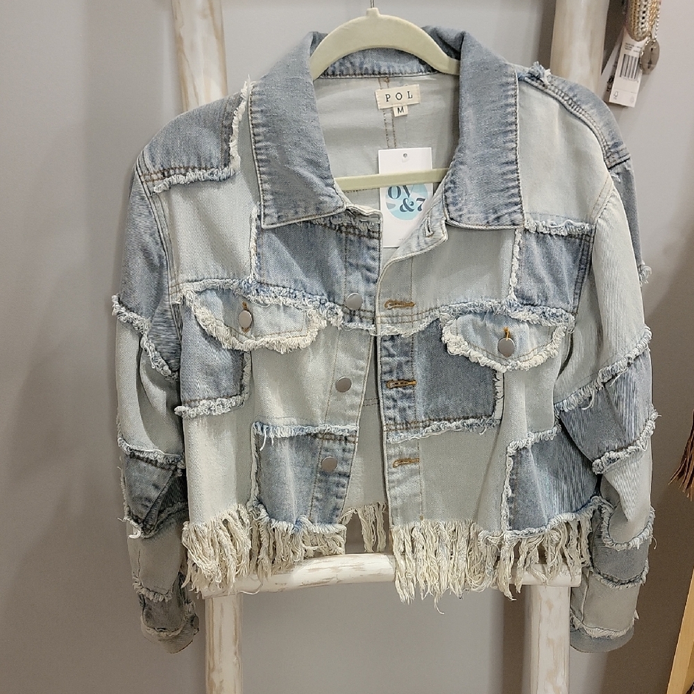 POL Frayed Patchwork Denim Jacket